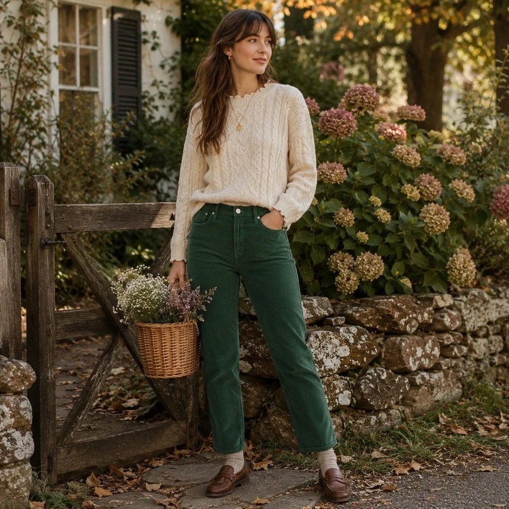 J Crew Vintage Straight‎ Corduroy Pants Sz 32P Green Casual Preppy Cottage Fairy